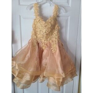 Teen Gold Lace Off Shoulder Fit & Flare Lace-Up corset Back short Dress Sz small